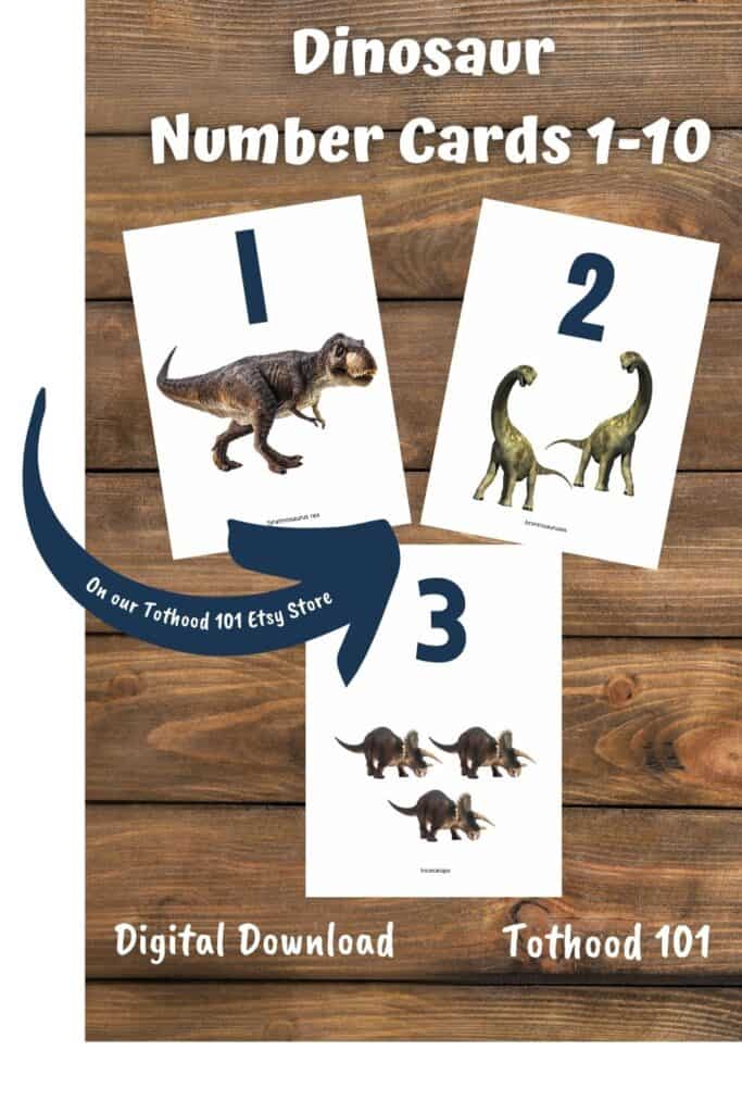 Dinosaur number cards 1, 2, and 3 Link to Tothood101 Etsy store