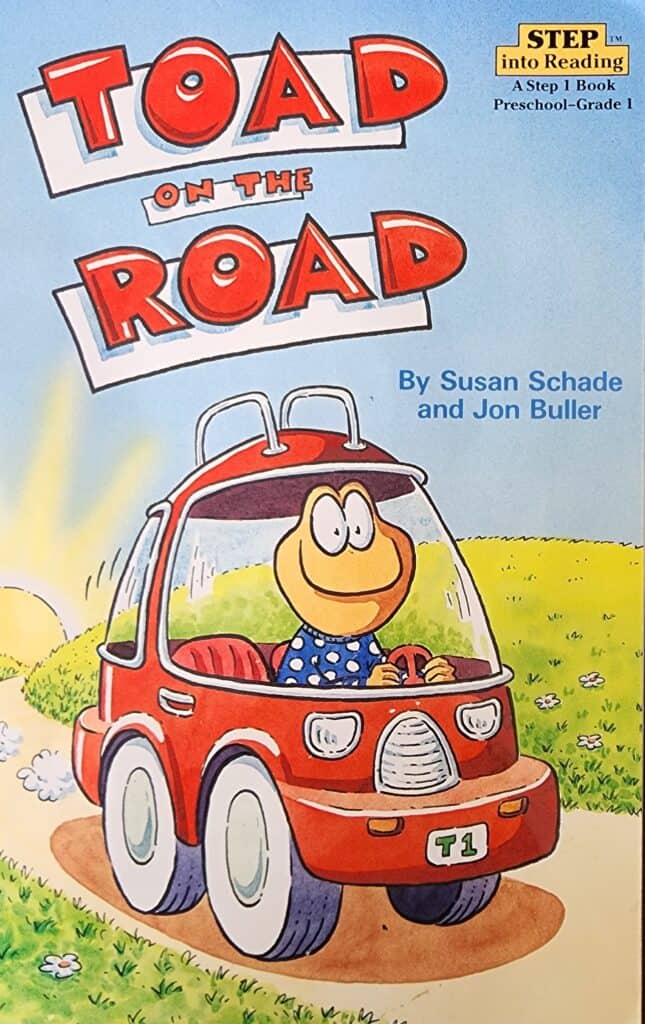 Book cover of Toad on the Road by Susan Schade. A toad is driving a car.