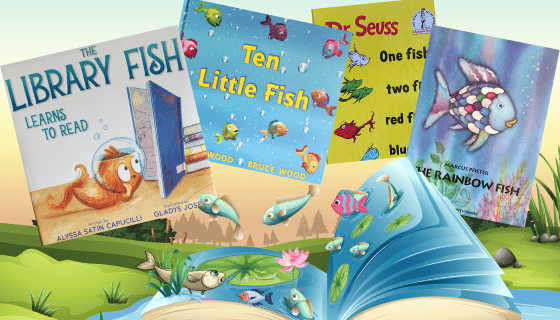 fish books open cartoon book with fish jumping around