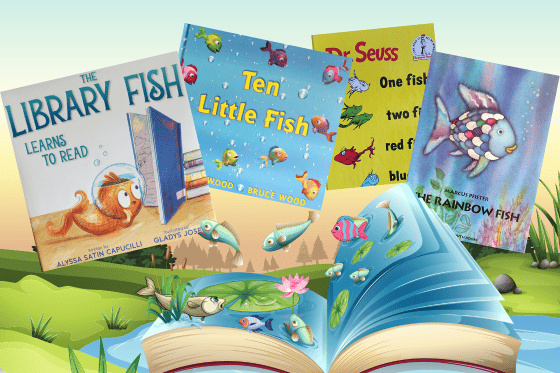 fish books open cartoon book with fish jumping around