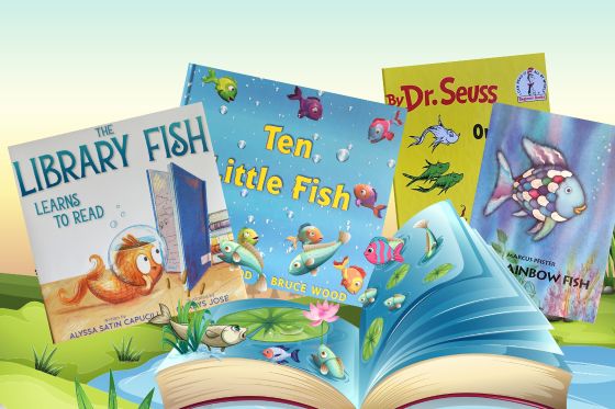 Fish books and cartoon book with fish jumping around