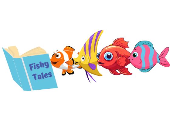 4 fish looking at a book called Fishy Tales