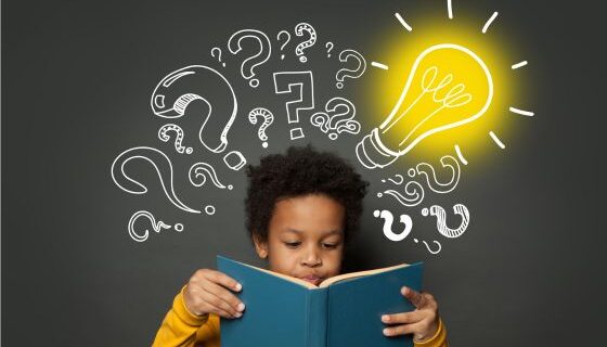 book with a book thinking, question marks around his head and lightbulb illustration