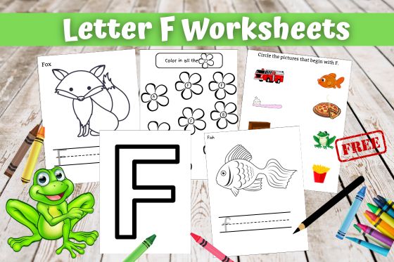 Letter f worksheets, a frog, crayons, and a pencil