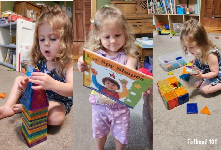 A girl building a triangle with magnet blocks, a girl looking at a shape book. a girl building a rectangle with magnet blocks