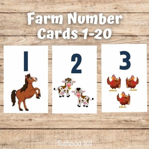 Farm Number Cards 1-20, 1 horse, 2 cows, 3 chickens
