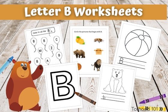 Letter B Worksheets and bear in the corner with his arm up, 5 worksheets, and some crayons