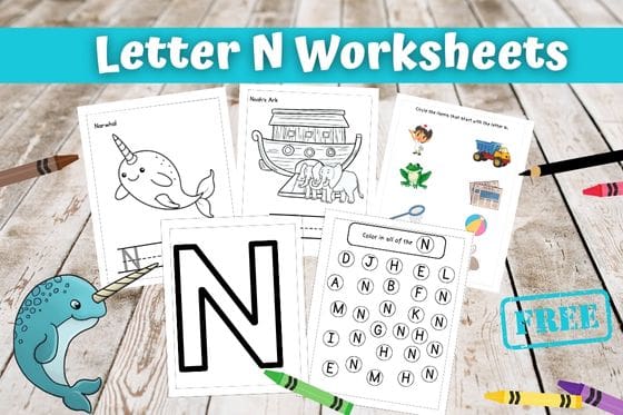 Free Letter N worksheets for preschoolers narwhal, crayons
