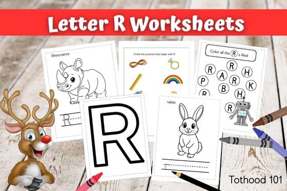 Letter R Worksheets Reindeer in rt bottom corner crayons and pencil in left bottom corner