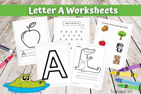 Letter A Worksheets. an alligator in left bottom corner