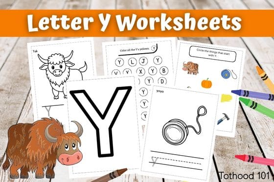 Letter Y Worksheets for preschoolers, a yak in the left bottom corner, crayons and a pencil around the worksheets