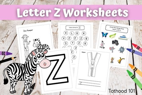Free Letter Z worksheets for preschoolers, a zebra in the bottom left corner, crayons and a pencil around worksheets