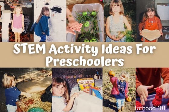 STEM Activity Ideas for Preschoolers. A girl standing by a paper building. She made a girl with a snowman frogs, the child's hands with frogs in a bucket of water. A girl holding a carrot, a girl holding a stall? She made a girl feeding a horse. A girl with math blocks at the table, a girl holding a pumpkin up in the air, and hands working with foam beads