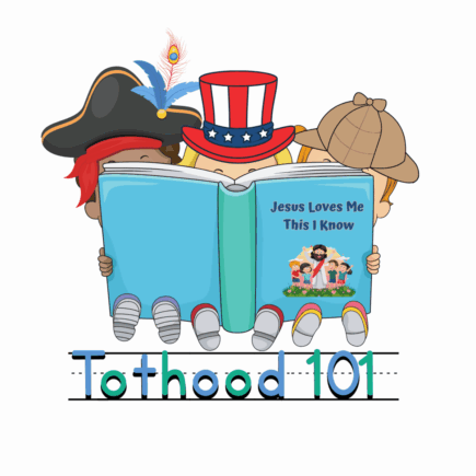 Tothood 101 logo 3 children looking at a book one is wearing a pirate hat, one an Uncle Sam hat and one a sleth hat
