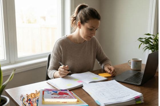 Mom sitting at desk doing paperwork